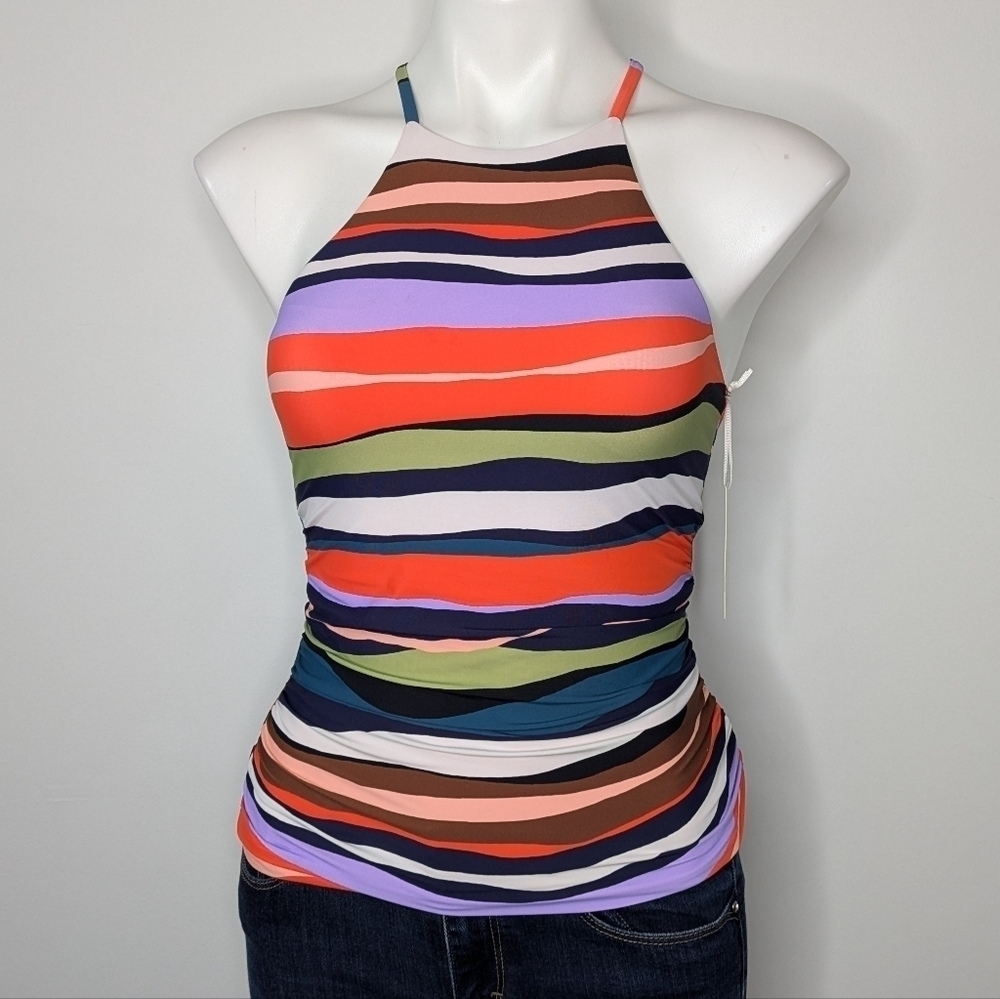 NWT Anne Cole orange purple blue striped halter bikini top XS
